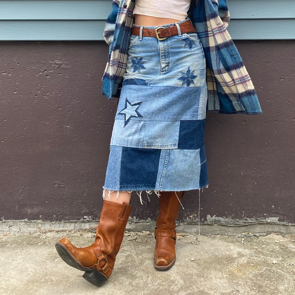 Patchwork Vintage Wrangler Midi Denim Skirt
